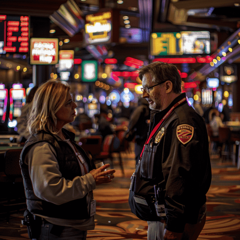 Injured person speaking with a security guard in a casino with gaming tables in the background.