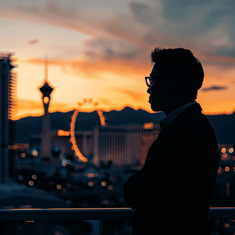 A Las Vegas premises liability lawyer standing in front of the Las Vegas skyline at sunset