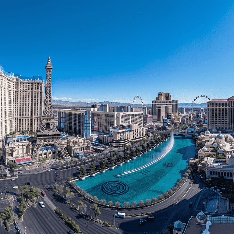 Panoramic view of the Las Vegas Strip with iconic landmarks and buildings
