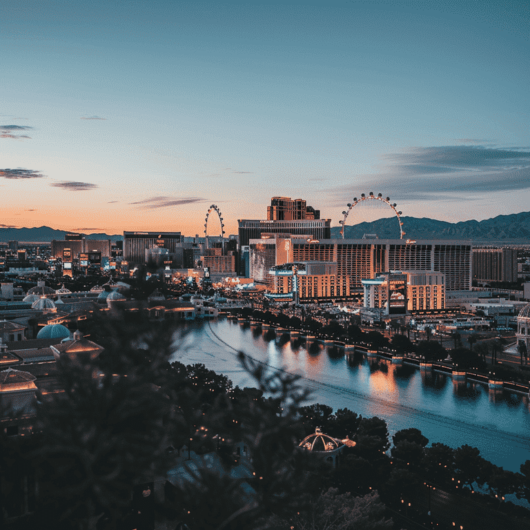 Las Vegas skyline at dusk.
