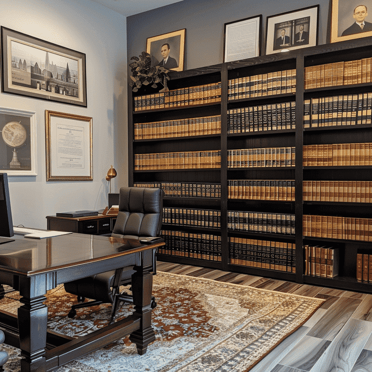 Professional law office with shelves of legal books and a diploma on the wall.