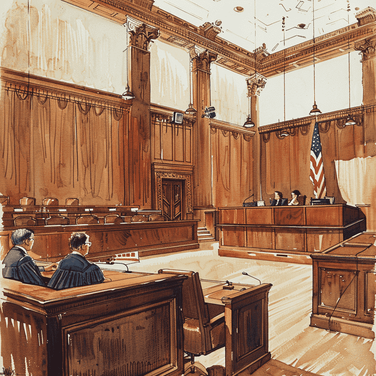 Interior of a courtroom with a judge's bench, American flag, and an attorney speaking to a client.
