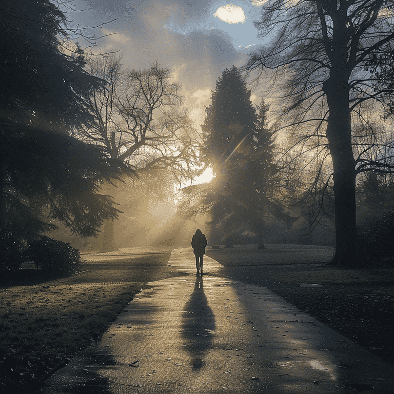 A person standing on a sunlit path in a park, symbolizing hope and recovery