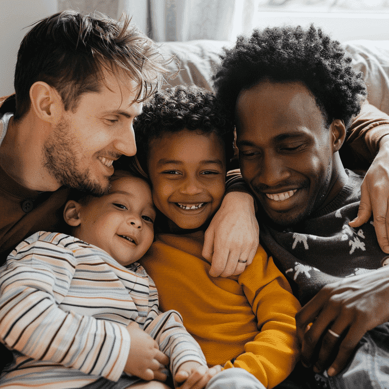 Diverse family with two same-sex parents and their children enjoying a day