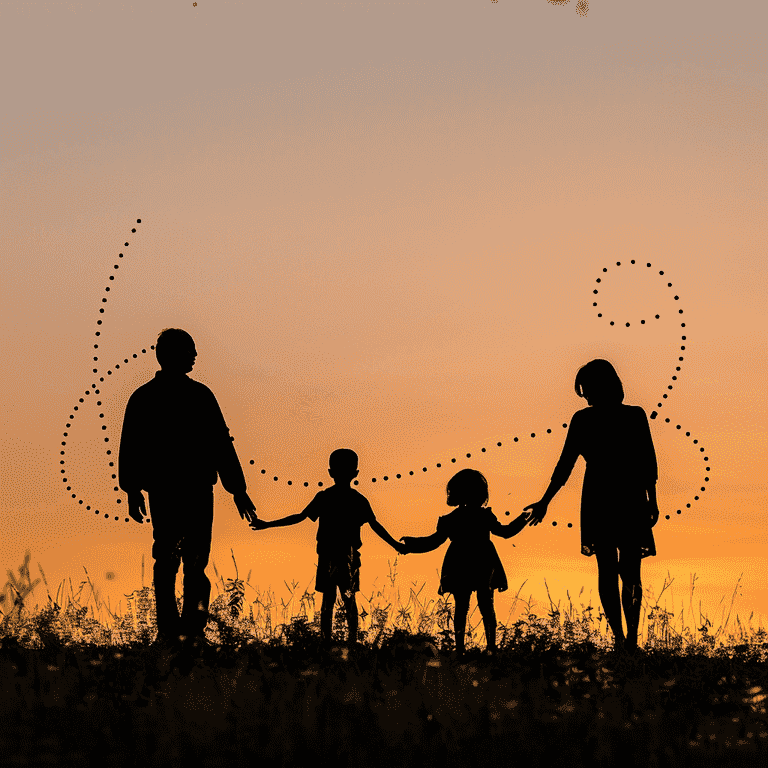 Family silhouette with parents and child connected by a dotted line.