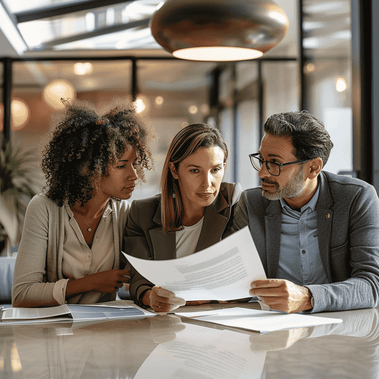 Professional mediator reviewing documents with a couple in an office setting.