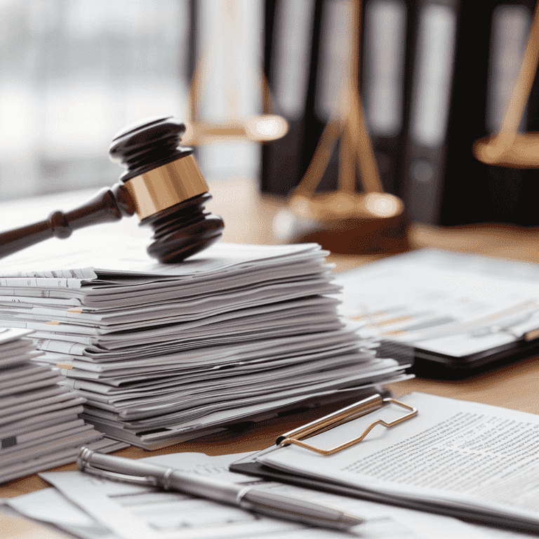 Financial documents and gavel on a desk.