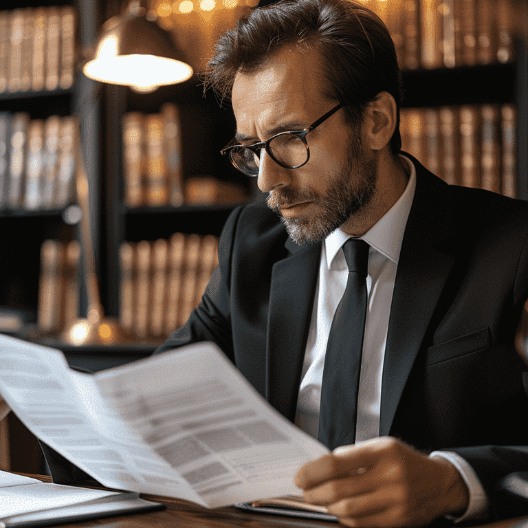 Lawyer reviewing documents in an office.