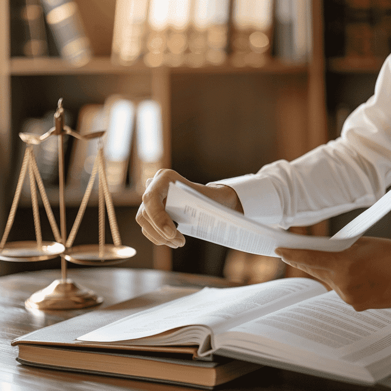 Legal professional discussing documents with legal scales and books in the background.