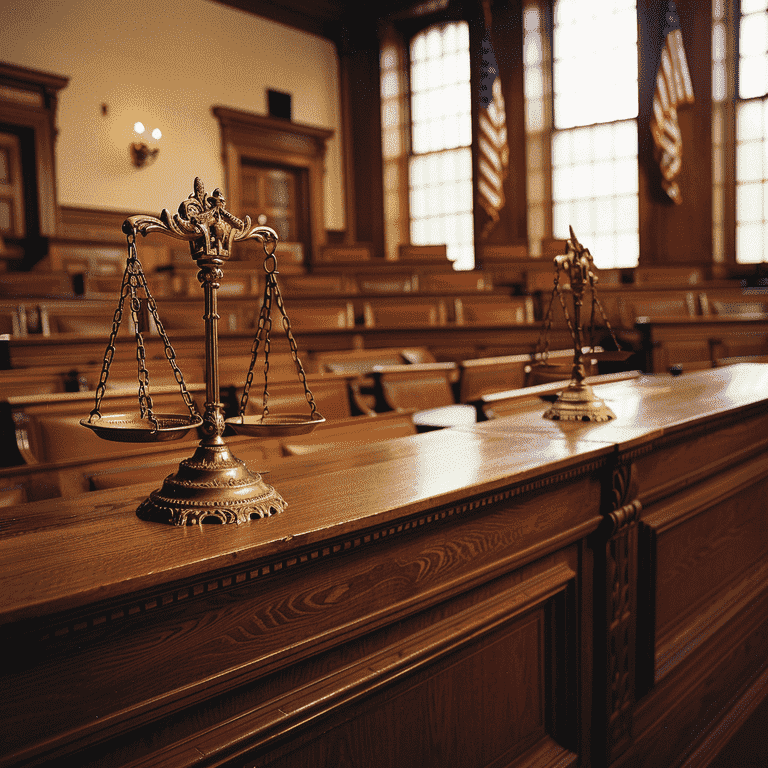 Courtroom with judge's bench and scales of justice.