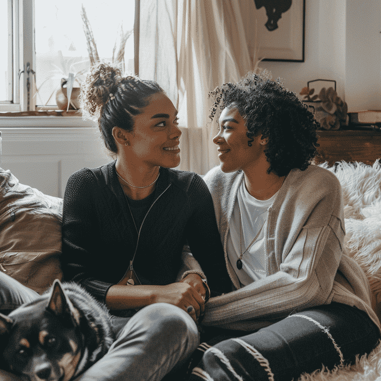 Same-sex couple sitting in a living room