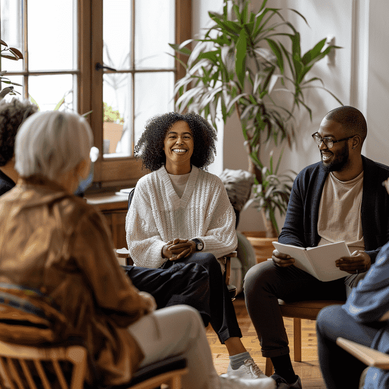 Community support group meeting with diverse LGBTQ+ families engaged in discussion.