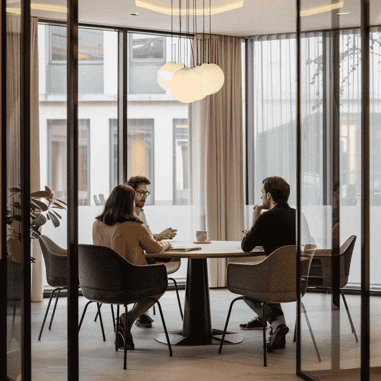 Mediator facilitating a family discussion in a calm meeting room.