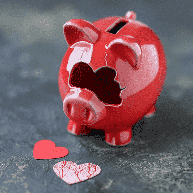 Piggy bank with a broken heart symbolizing cost savings in divorce.