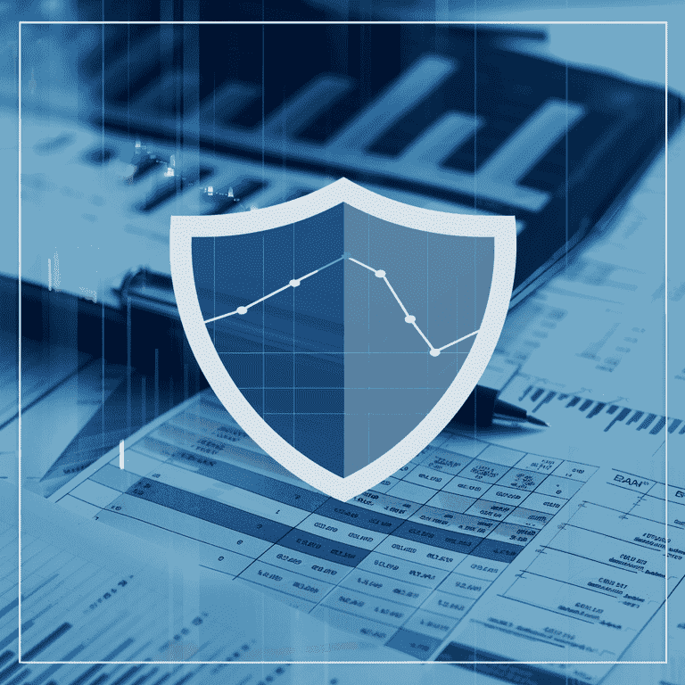 Shield icon with financial charts and legal documents in the background.