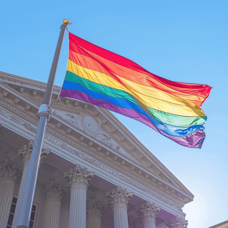 Rainbow flag flying in front of a courthouse in Las Vegas.