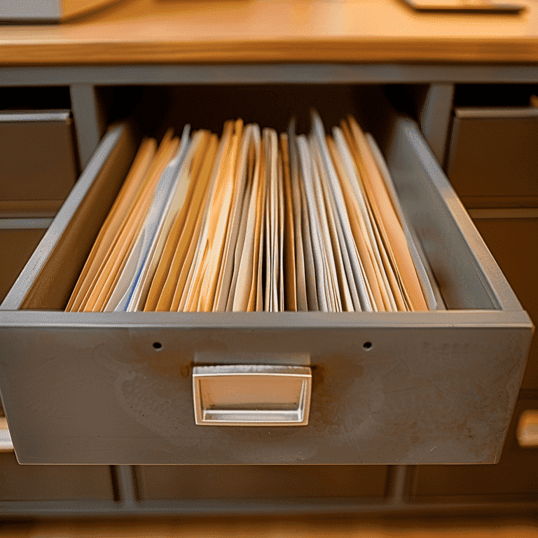 A closed and locked file cabinet drawer with organized folders inside, representing actions to take after records are sealed.