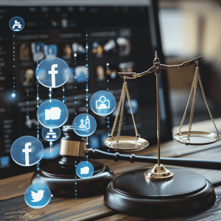 Gavel and scales of justice on a desk with a computer showing social media icons in the background