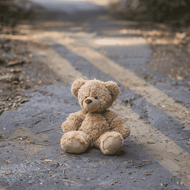 A child's stuffed toy lying between two diverging paths, symbolizing the impact of adultery on child custody and visitation.