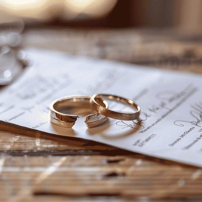 Split wedding ring on top of divorce settlement documents.