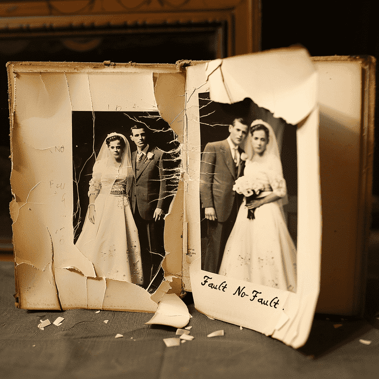 Torn wedding photo divided between two folders labeled 'Fault' and 'No-Fault,' symbolizing the distinction between fault and no-fault divorces.