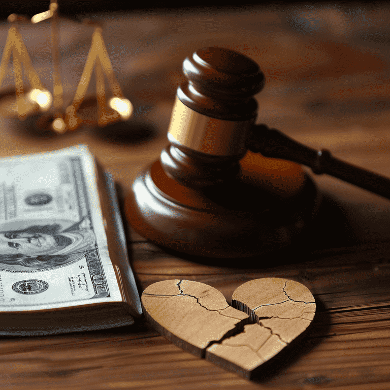 Gavel beside a stack of money and a broken heart symbol, representing the financial consequences of adultery in divorce.