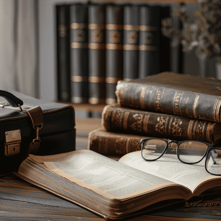 Desk with open law books, a briefcase, and eyeglasses, representing the role of an appellate attorney in Nevada.