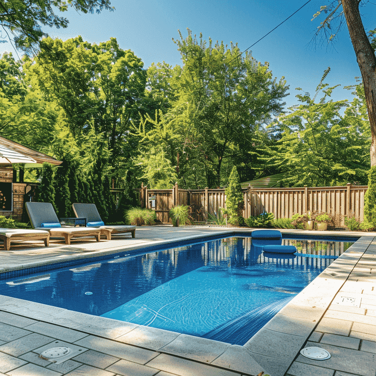 Backyard pool with safety equipment including a fence, non-slip mats, and a lifeguard flotation device