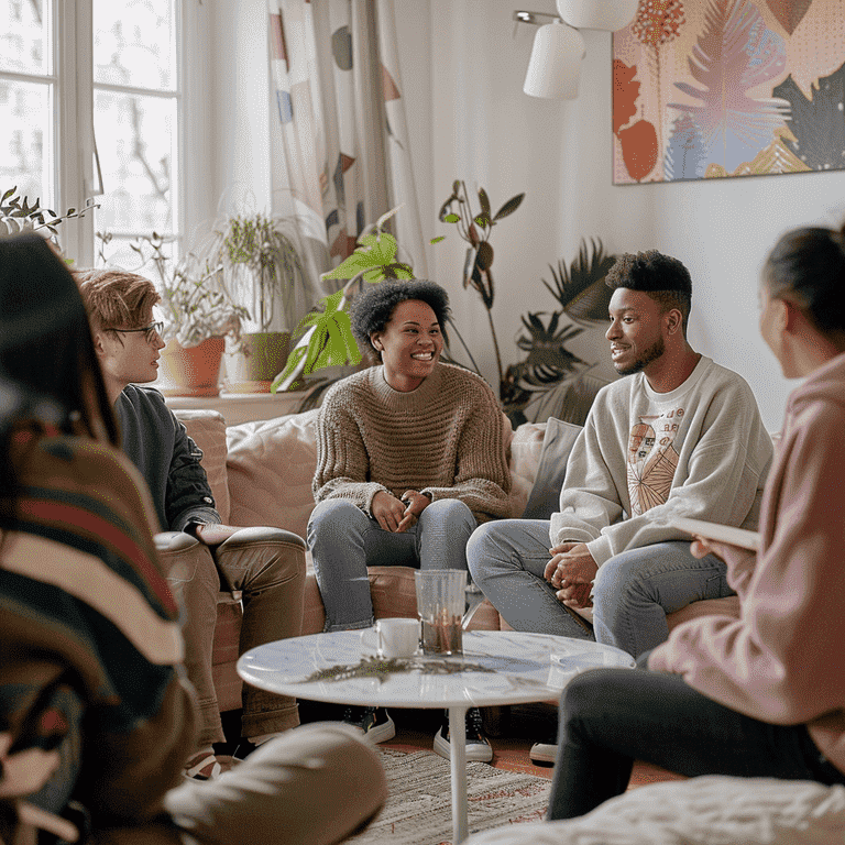 A diverse group of people in a supportive discussion in a cozy living room.