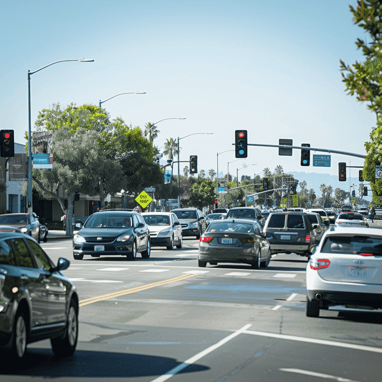 Busy intersection with traffic signals and various road signs