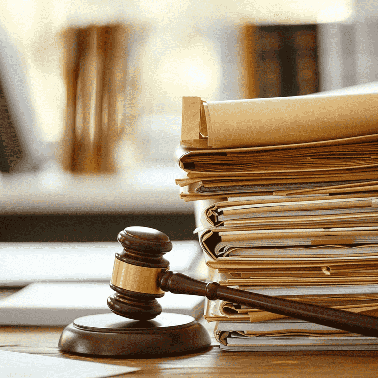 Stack of legal case files and documents on a desk with a gavel, representing case studies on marital waste.