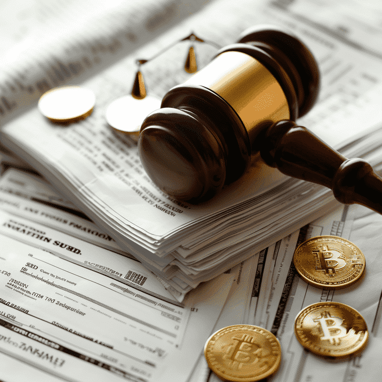 A gavel beside a stack of cryptocurrency coins and legal documents.