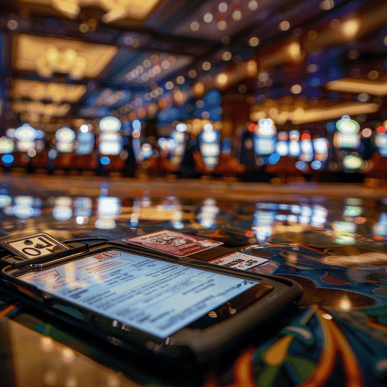 Security badge and ID card with a casino floor in the background, representing the importance of casino employee licensing.