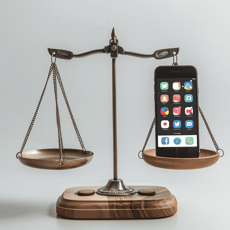 A scale balancing legal documents on one side and a smartphone displaying social media apps on the other.