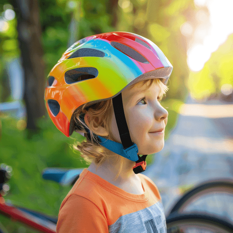 Child wearing a bicycle helmet standing next to a bicycle.