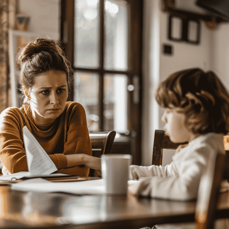 A parent sitting near an empty child’s chair with legal documents and a passport, representing the impact of divorce on child custody and immigration status.