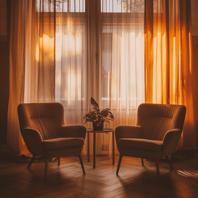 Two chairs facing each other in a warmly lit room, representing open communication and reconciliation efforts.