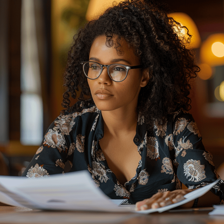 Woman reviewing documents while considering hiring a private investigator during a divorce.