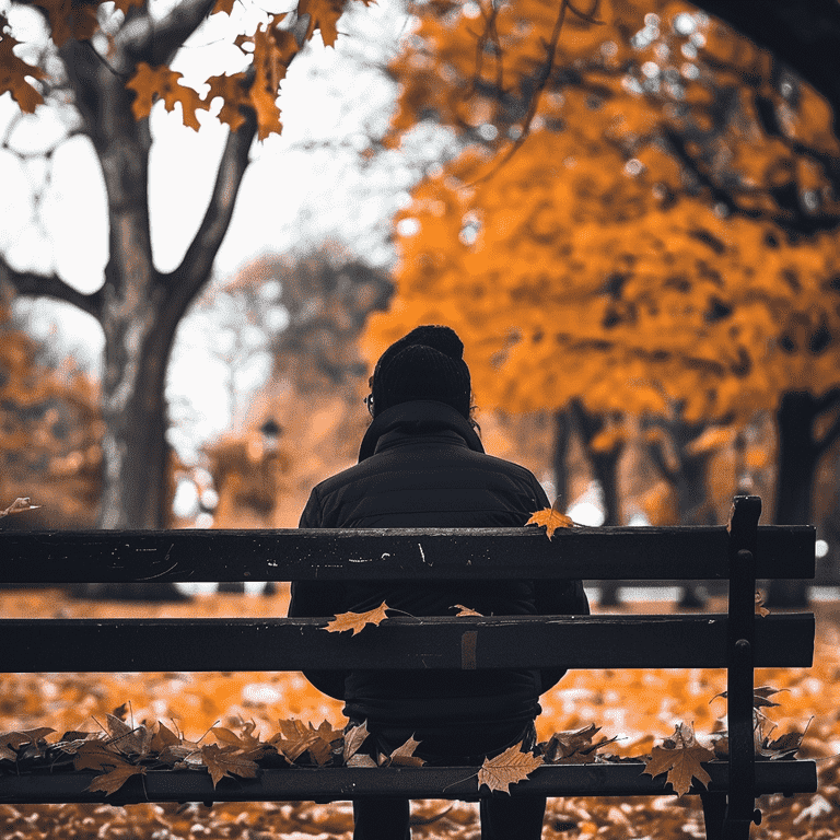 Person sitting alone on a park bench surrounded by fallen leaves, symbolizing the emotional challenges of coping after divorce.