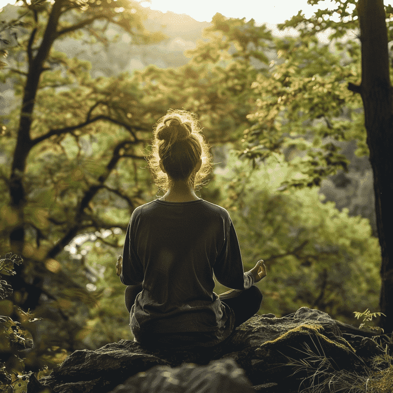 Person meditating outdoors in a peaceful natural setting with trees and sunlight.