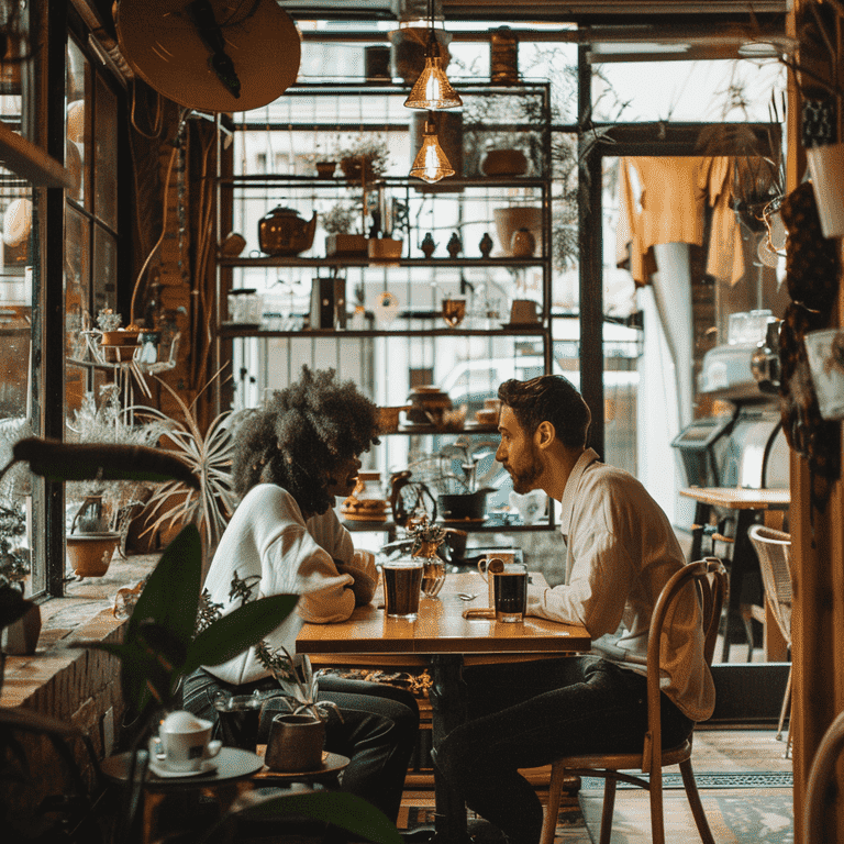 A couple having a thoughtful discussion at a café.