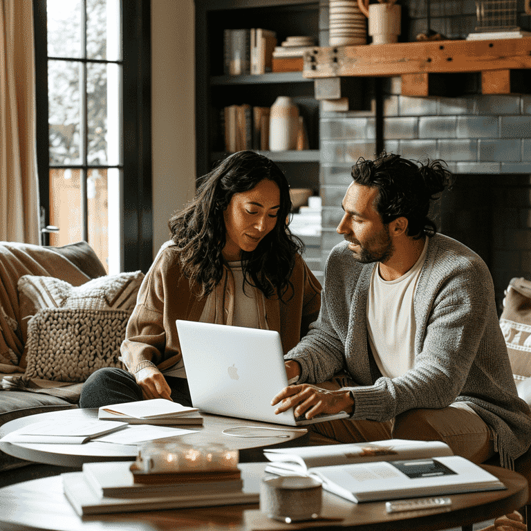 A couple discussing prenuptial agreement documents in their living room. Eloping and Prenups