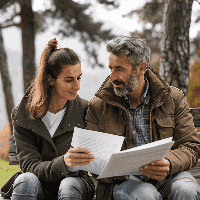 A couple sitting outdoors and reviewing a document together. Eloping and Prenups