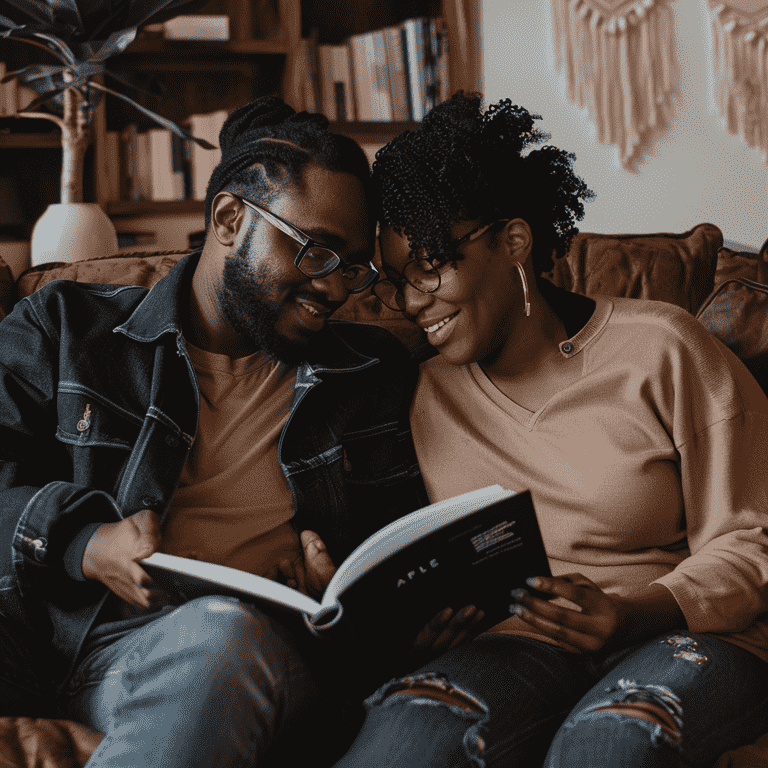 A couple reviewing a scrapbook or photo album together.