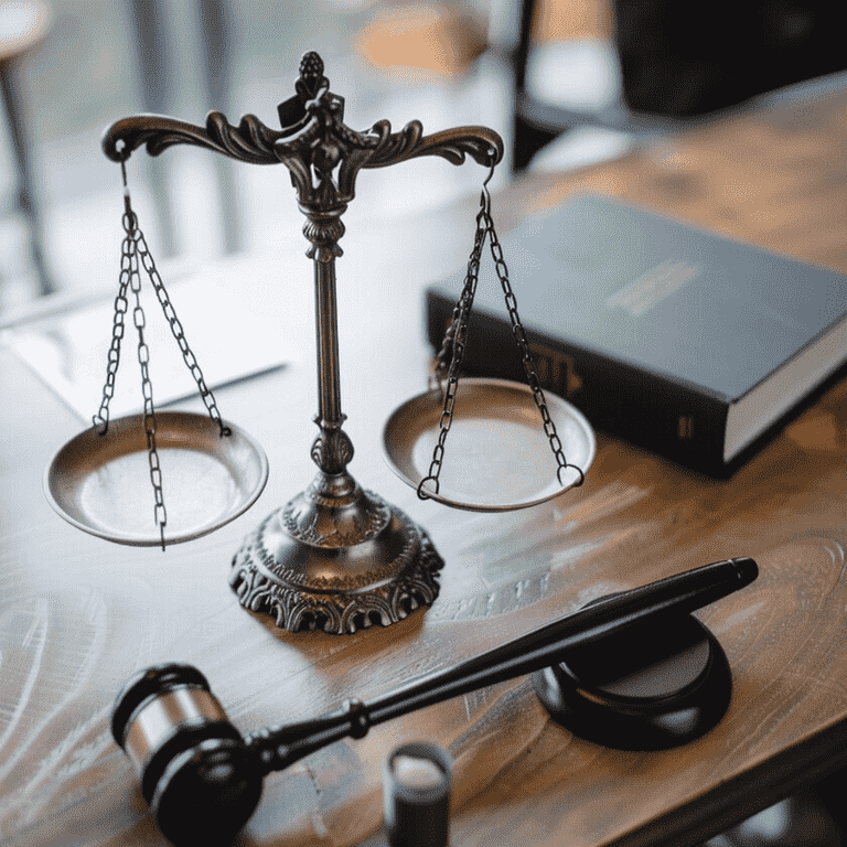 A gavel and scales of justice on a wooden desk, representing the court review process for sealing records.