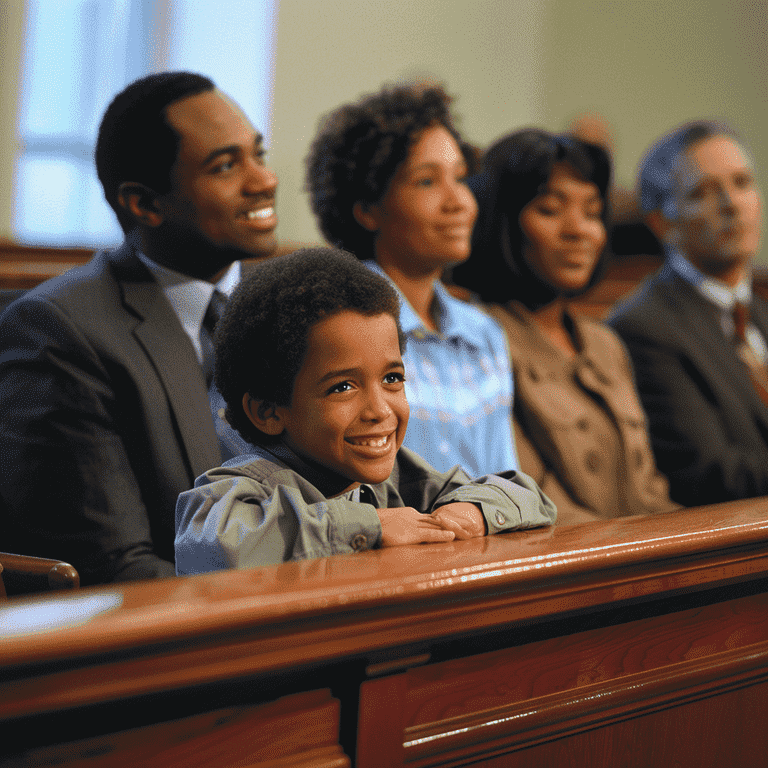 A courtroom scene with a judge, parents, and a child, representing legal issues handled by father's rights lawyers.