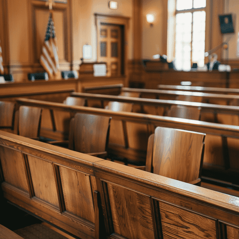 An empty courtroom with a judge's bench and legal books, representing the steps to seal records in Nevada.