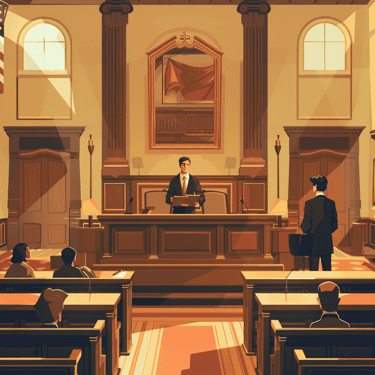 Courtroom scene with a lawyer presenting evidence to a judge.