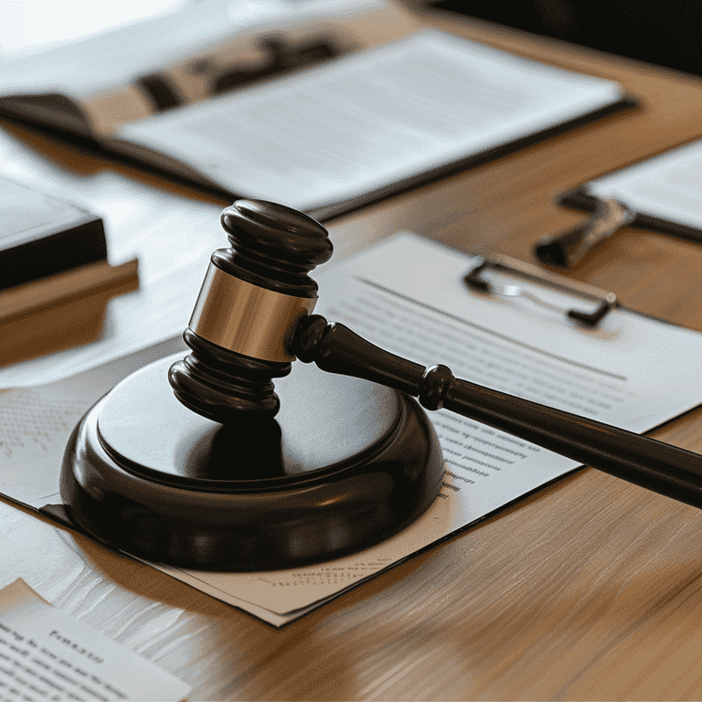 Courtroom scene with a judge's gavel and legal documents related to pool safety