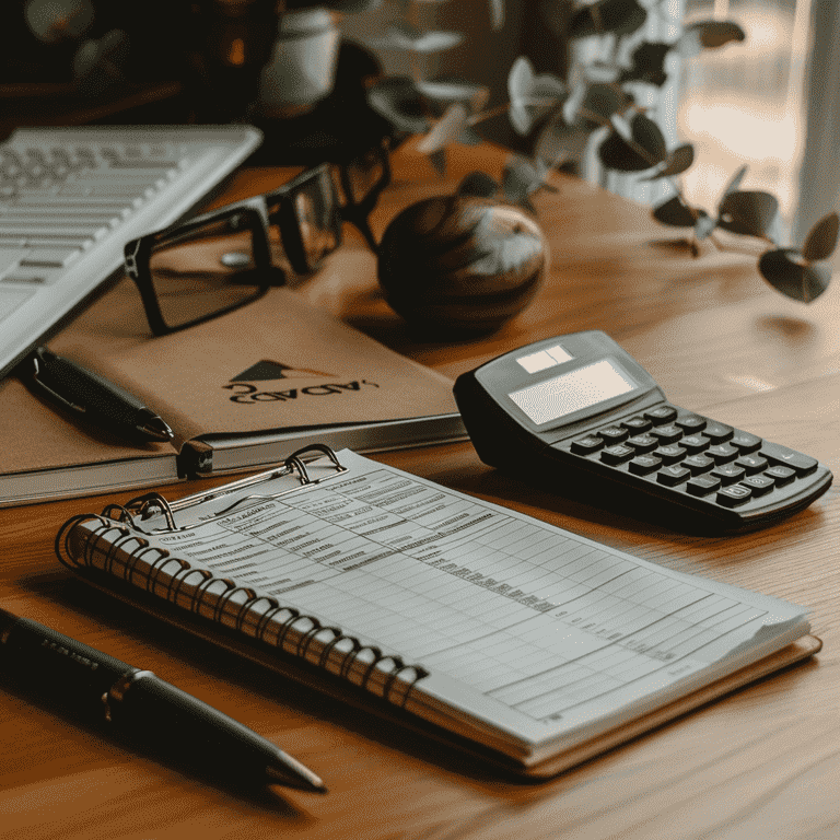 Calculator, legal documents, and notepad on a desk, illustrating the process of creating a litigation budget in family law.